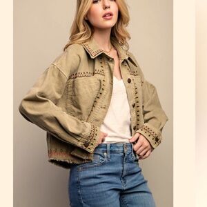 ZARA Embroidered Cropped Olive Overshirt‎ Denim Jacket Size XL